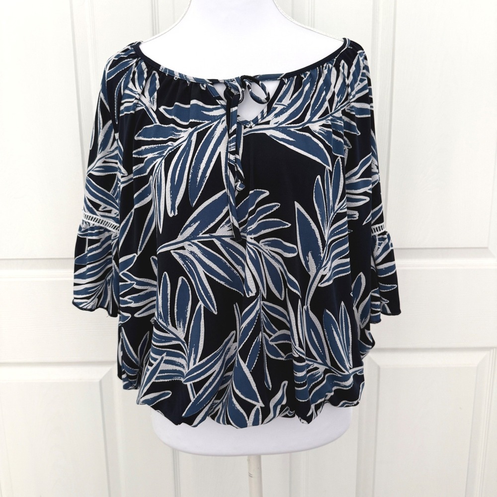 Espresso Tropical Palm Print Blouse Womens Large Navy Blue Bell Sleeve Tie Neck
